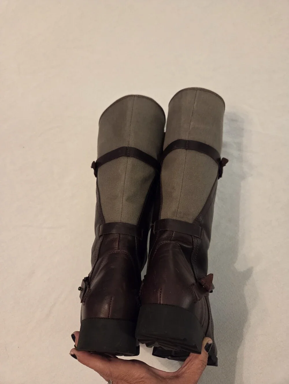 TEVA De La Vina Brown Leather Grey Canvas Tall Waterproof Gorpcore Riding Boots